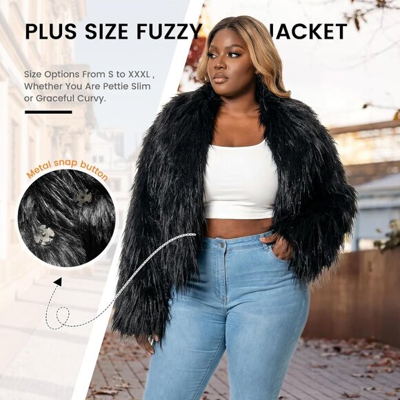 Women's Fur Coats Cropped Faux Fuzzy Warm Jacket Fluffy Fall Coat Black - Picture 5 of 5